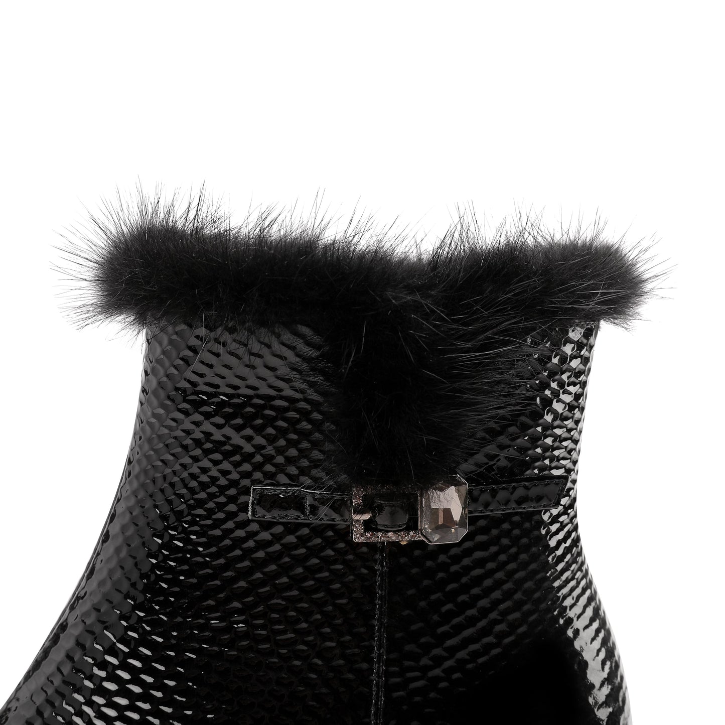 Women's Patent Leather Handmade Side Zip Up Block Heel Black Ankle Booties with Fur and Glitter Buckle Decor