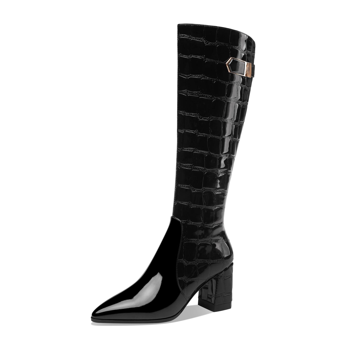 Handmade Women's Patent Leather Pointed Toe Side Zip Up Block Heel Classic Black Knee High Boots with Chic Buckle