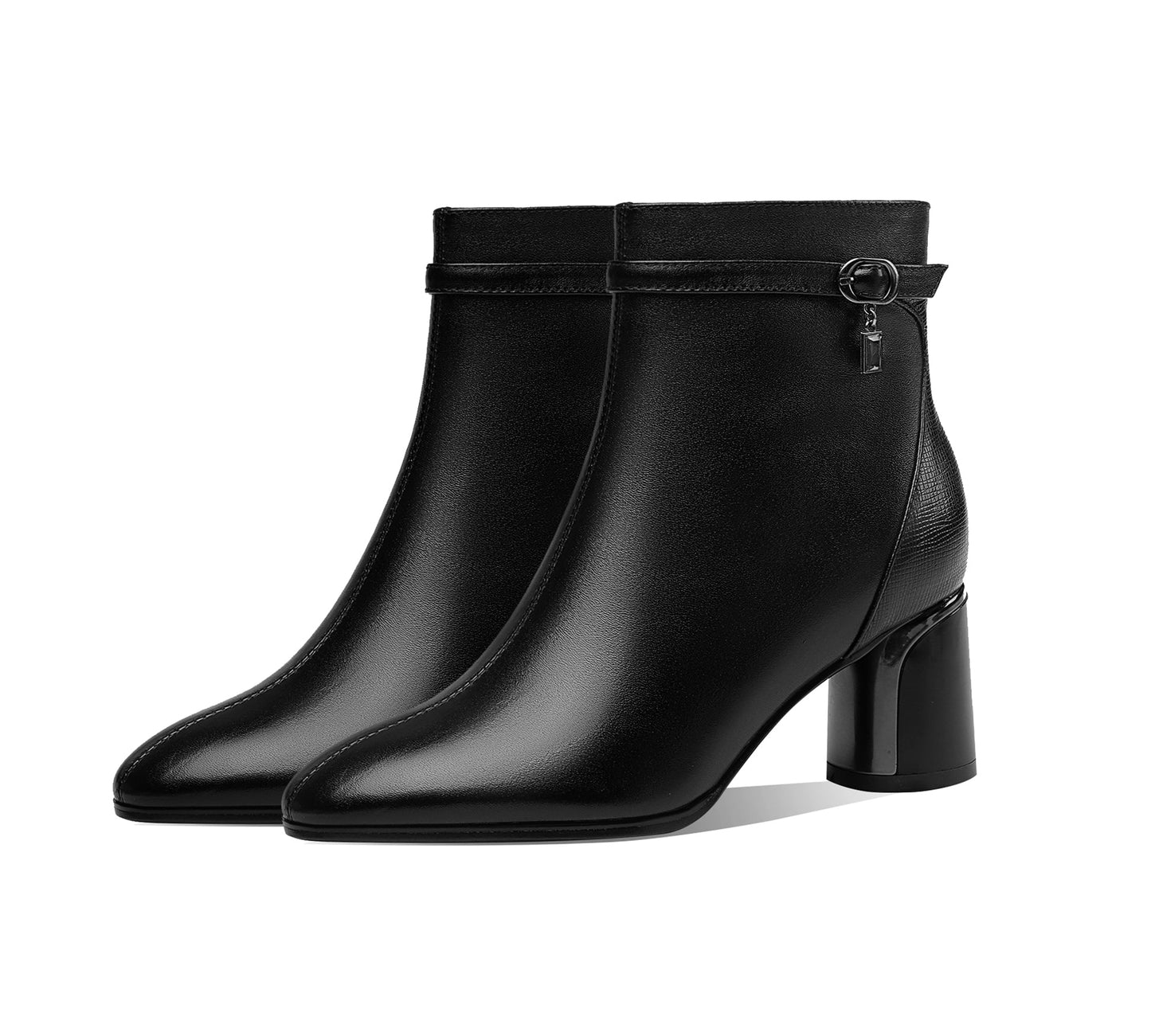 Handmade Women's Genuine Leather Ankle Belt Pointed Toe Side Zipper Mid Chunky Heel Ankle Boots