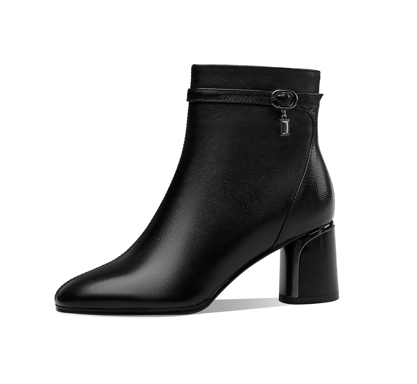 Handmade Women's Genuine Leather Ankle Belt Pointed Toe Side Zipper Mid Chunky Heel Ankle Boots