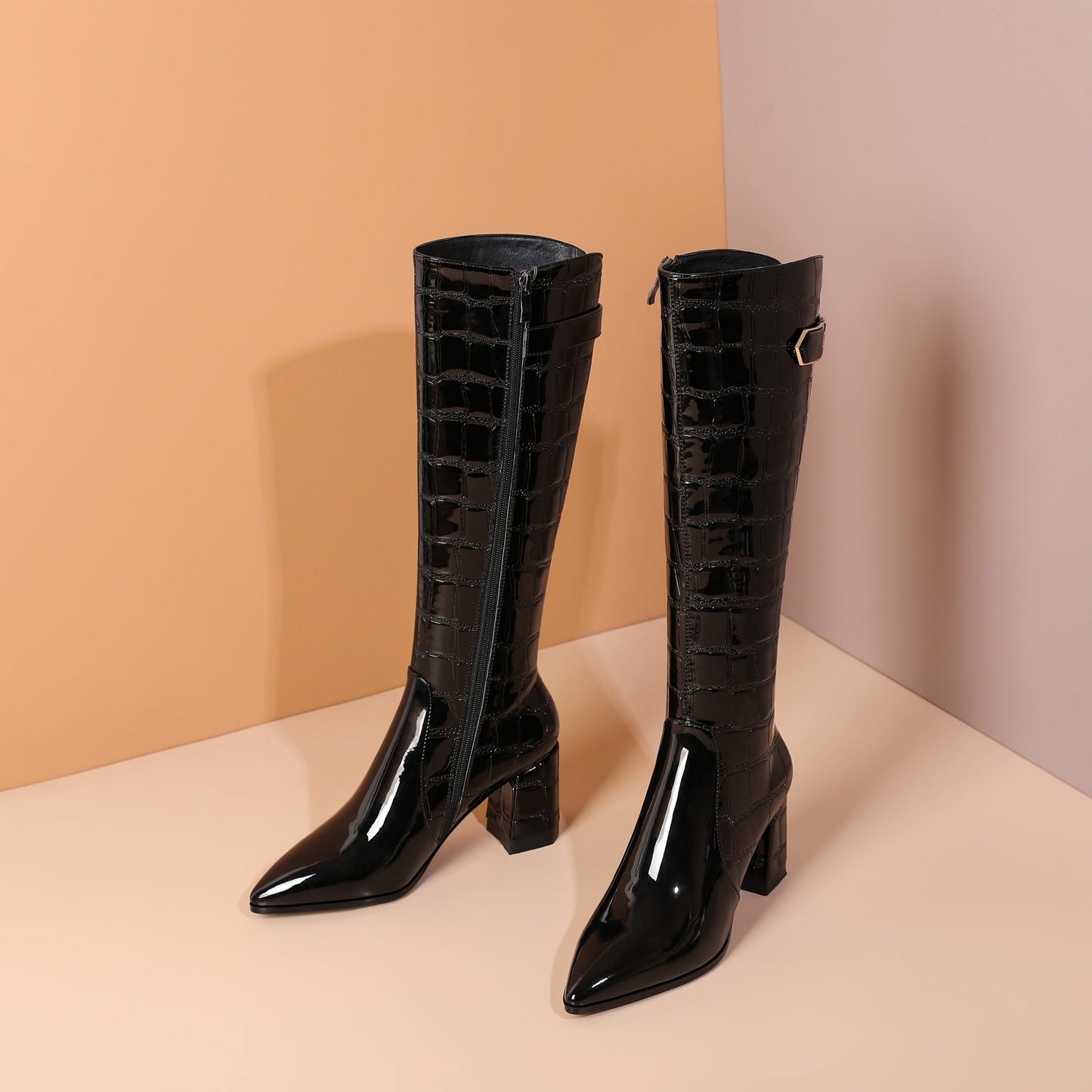 Handmade Women's Patent Leather Pointed Toe Side Zip Up Block Heel Classic Black Knee High Boots with Chic Buckle