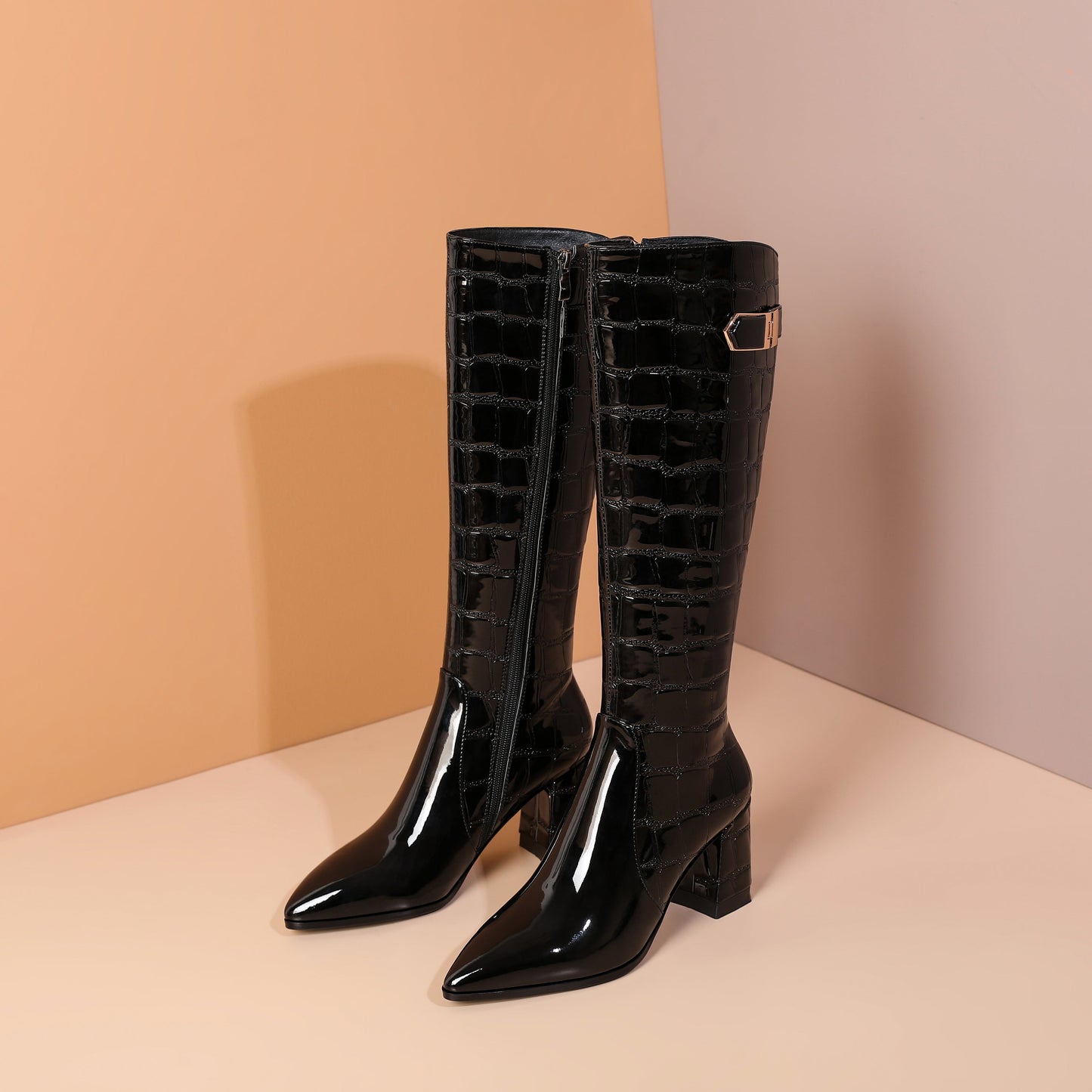 Handmade Women's Patent Leather Pointed Toe Side Zip Up Block Heel Classic Black Knee High Boots with Chic Buckle