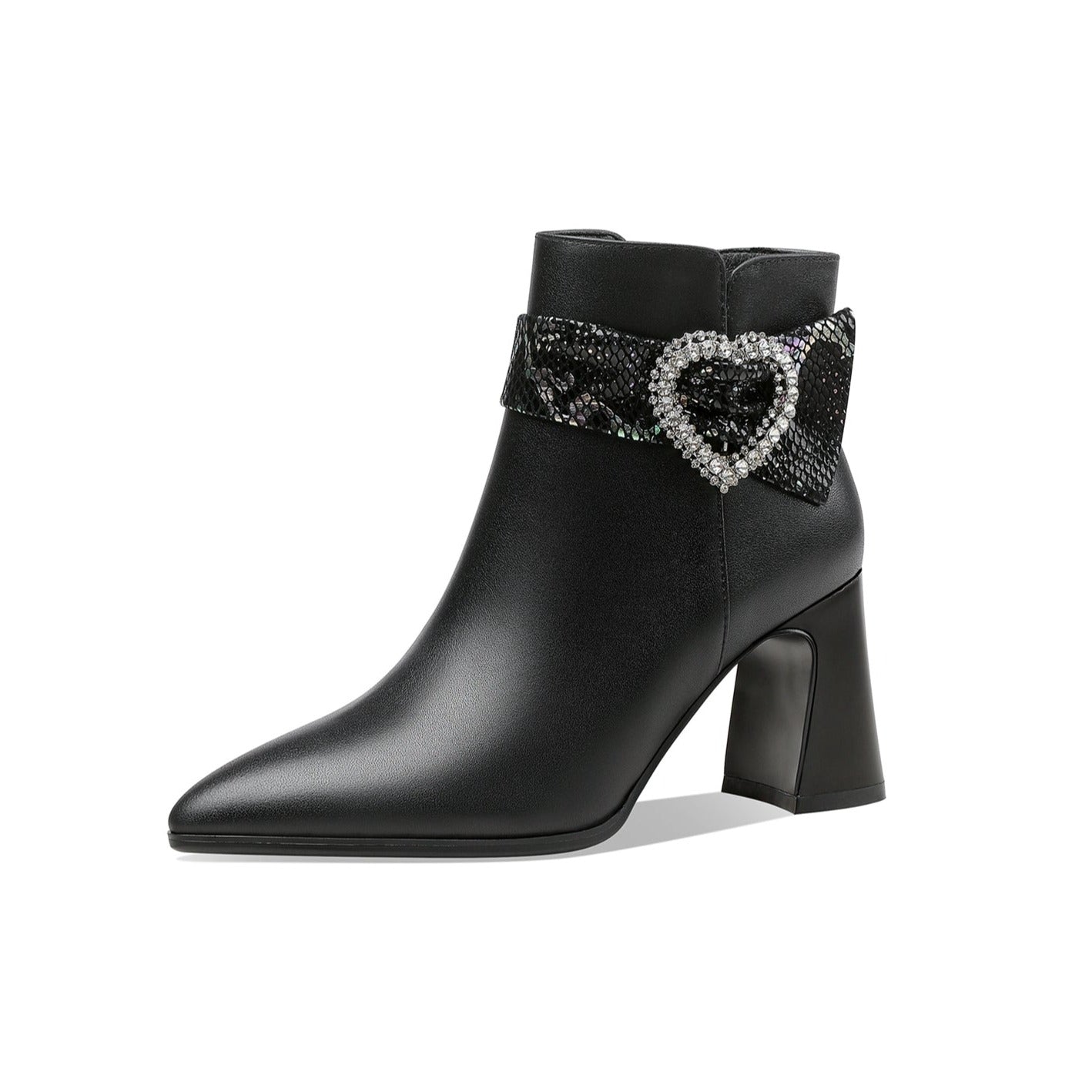 Handmade Women's Genuine Leather Rhinestone Heart Décor Pointed Toe Mid Chunky Heel Side Zipper Ankle Boots