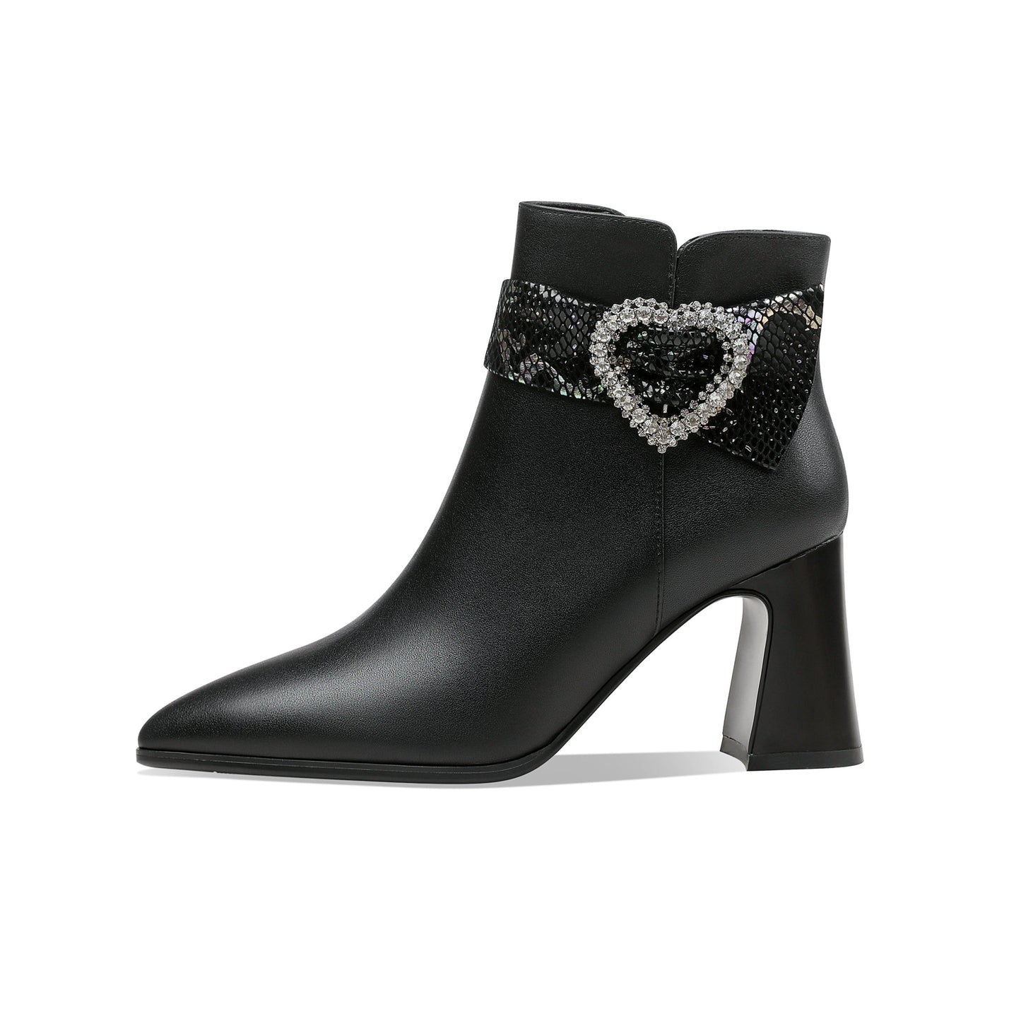 Handmade Women's Genuine Leather Rhinestone Heart Décor Pointed Toe Mid Chunky Heel Side Zipper Ankle Boots