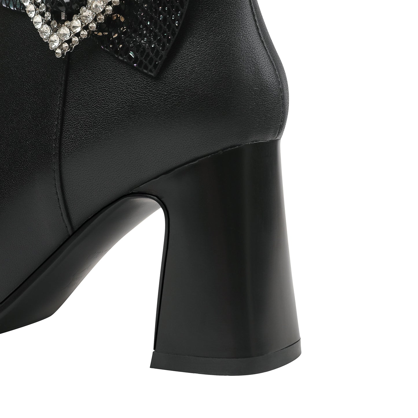 Handmade Women's Genuine Leather Rhinestone Heart Décor Pointed Toe Mid Chunky Heel Side Zipper Ankle Boots