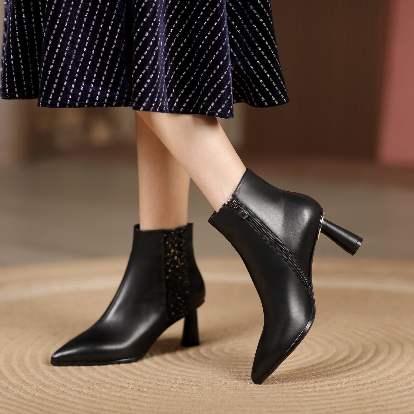 Women's Genuine Leather Handmade Side Zip Up Elegant Cone Heel Button Decor Black Ankle Boots