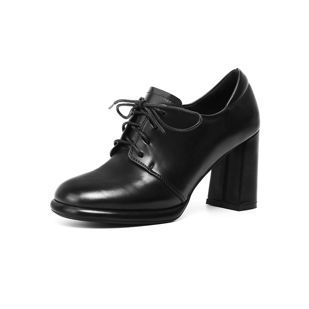 Women's Genuine Leather Square Toe Handmade Lace-Up High Chunky Heels Chic Oxford Shoes with Platform