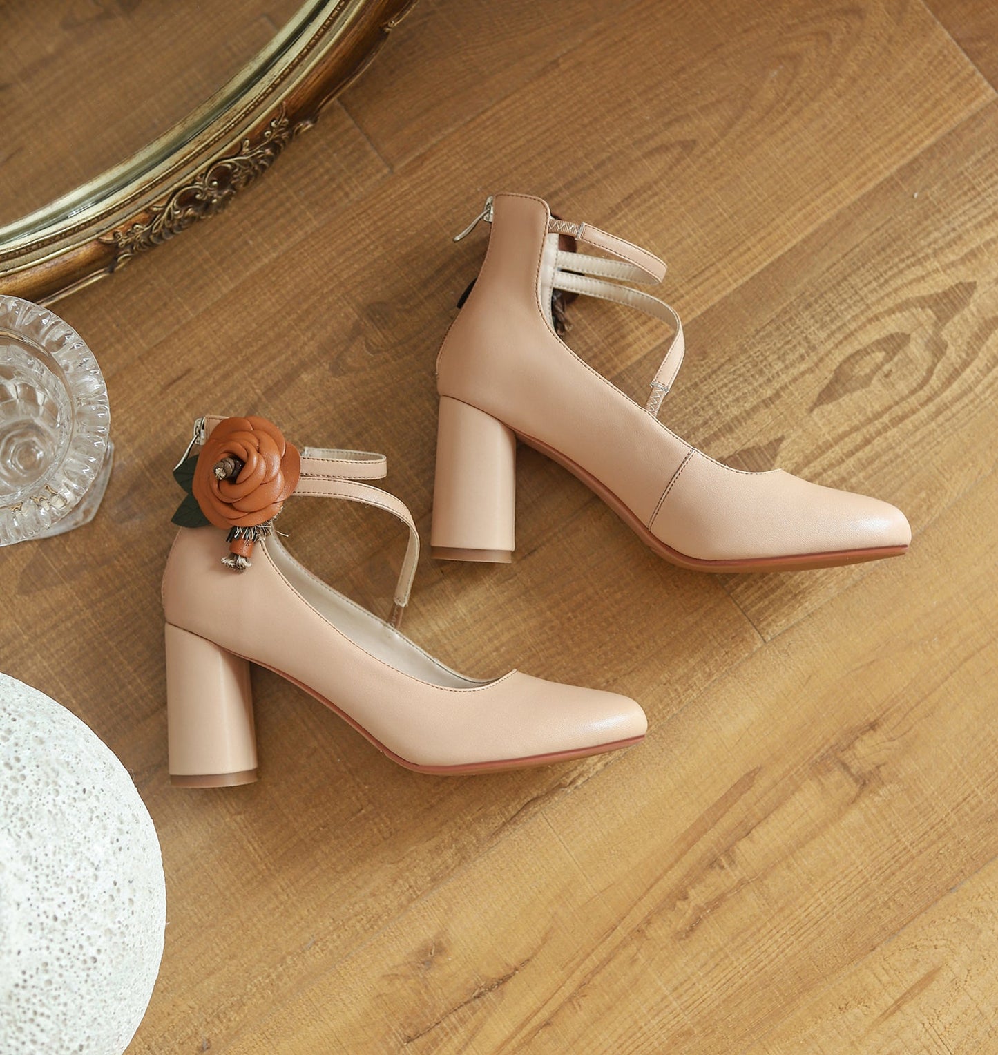 Handmade Women's Elegant Genuine Leather Décor Flower Ankle Strap Round Toe High Block Heel Pumps Shoes