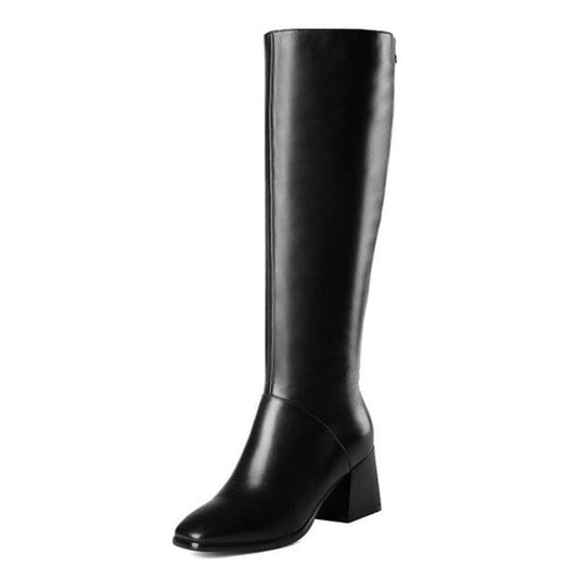 Genuine Leather Women's Square Toe Mid Chunky Heel Handmade Side Zip Up Knee High Boots