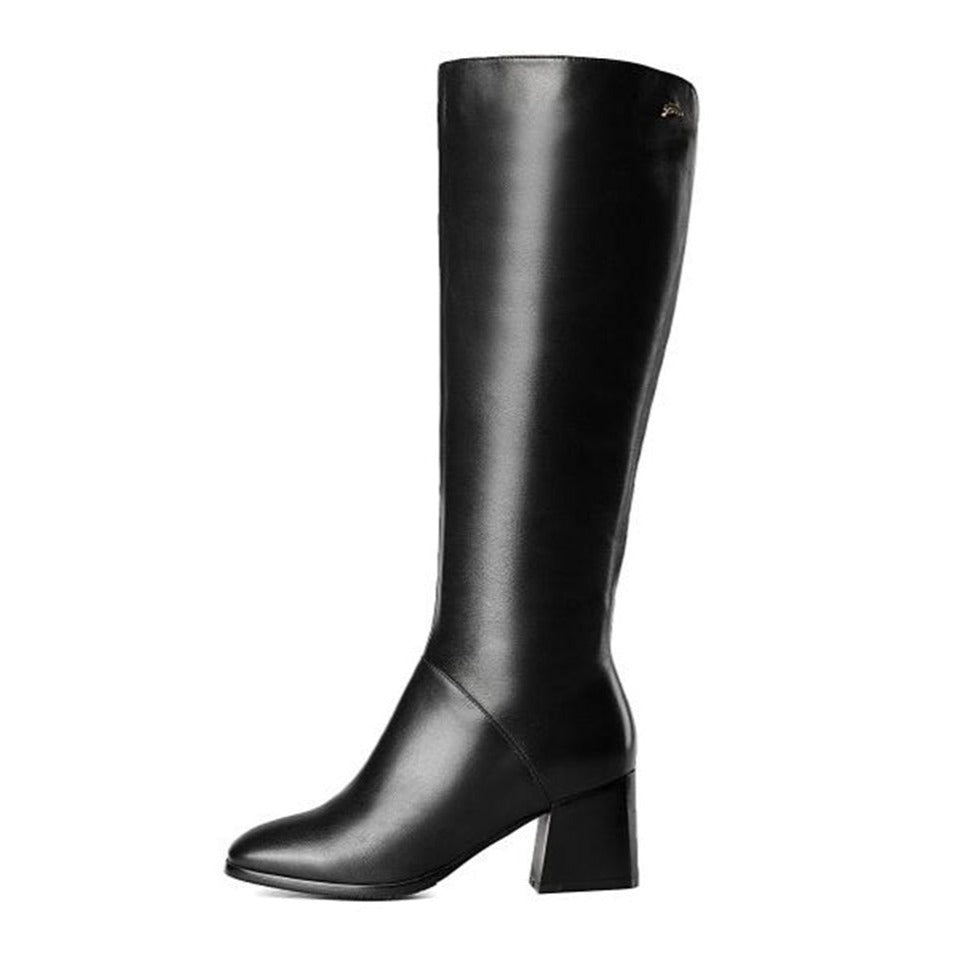 Genuine Leather Women's Square Toe Mid Chunky Heel Handmade Side Zip Up Knee High Boots