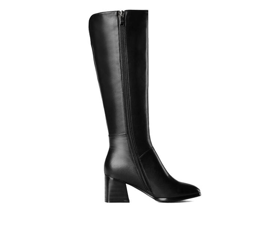 Genuine Leather Women's Square Toe Mid Chunky Heel Handmade Side Zip Up Knee High Boots