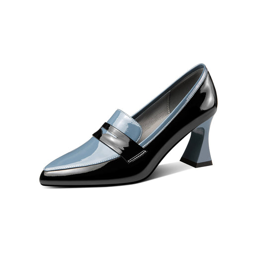 Women's Handmade Glossy Patent Leather Spool Heel Pointy Toe Pumps with Modern Assorted Color