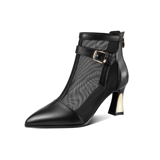 Women's Mesh and Genuine Leather Handmade Spool Heel Zip Up Ankle Boots with Stylish Buckle