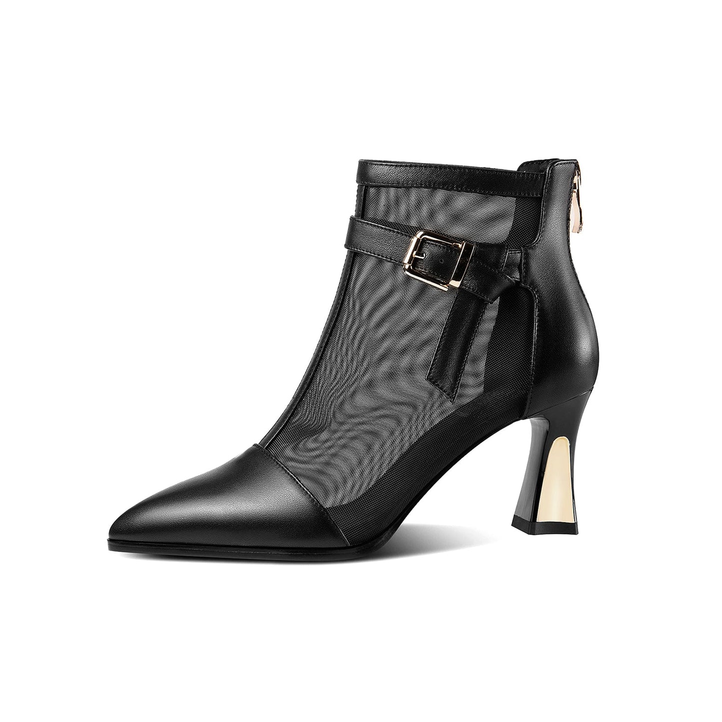 Women's Mesh and Genuine Leather Handmade Spool Heel Zip Up Ankle Boots with Stylish Buckle