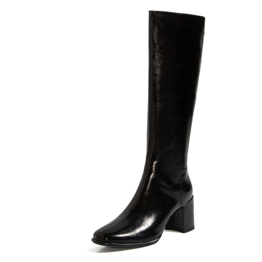 Women's Genuine Leather Handmade Square Toe Mid Chunky Heel Knee High Boots with Back Zipper