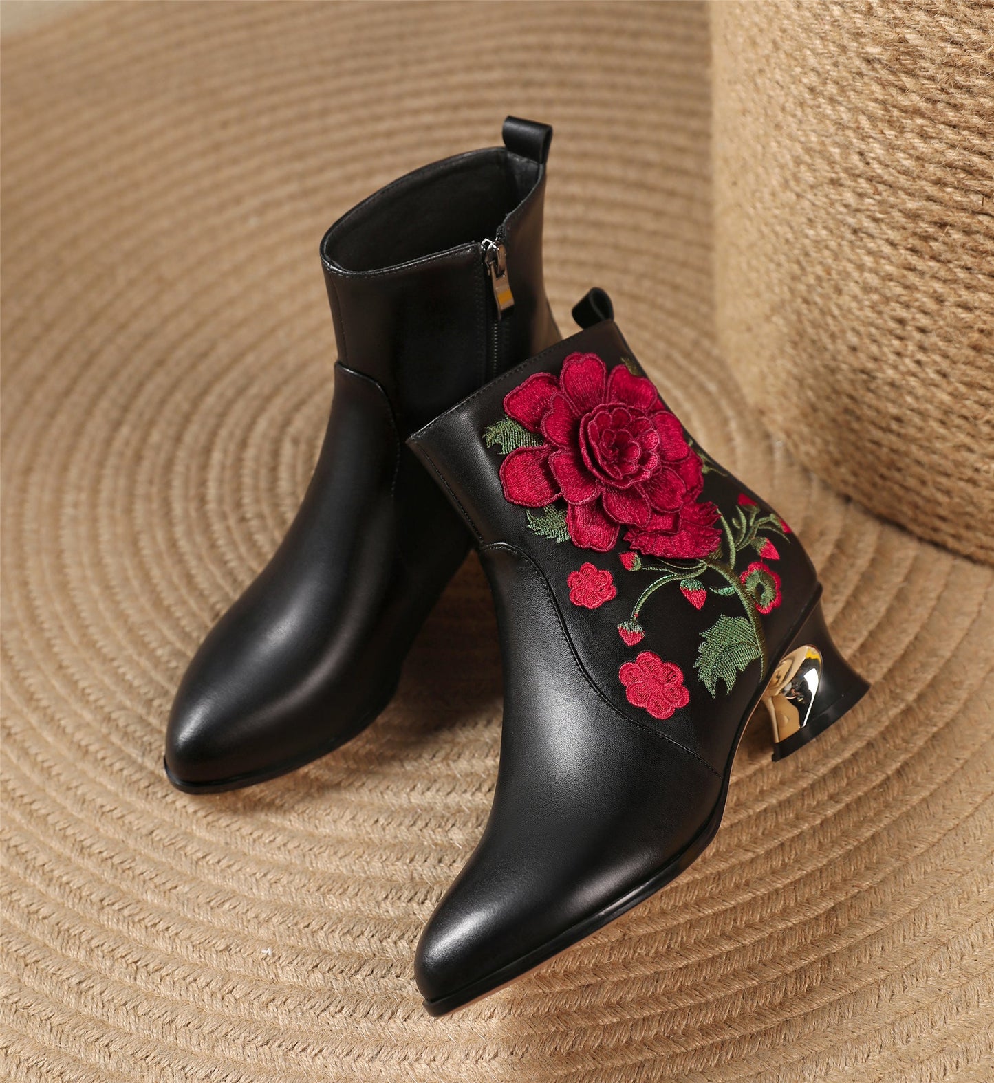 Handmade Women's Suede Leather Ethnic Embroidered Embossed Floral Pointed Toe Low Chunky Heel Side Zipper Ankle Boots Shoes