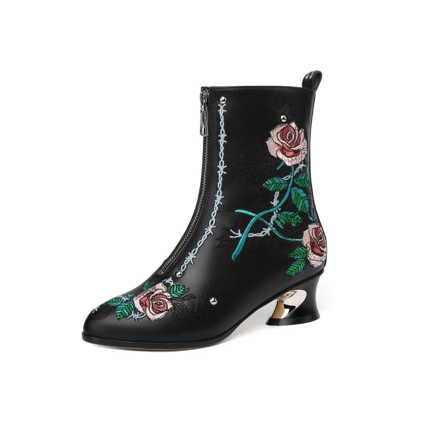 Handmade Women's Genuine Leather Ethnic Embroidered Floral Pointed Toe Low Chunky Heel Front Zipper Mid-Calf Boots