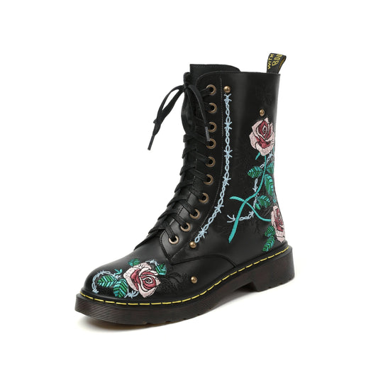 Handmade Women's Genuine Leather Ethnic Embroidered Floral Round Toe Low Chunky Heel Front Lace Up Combat Boots