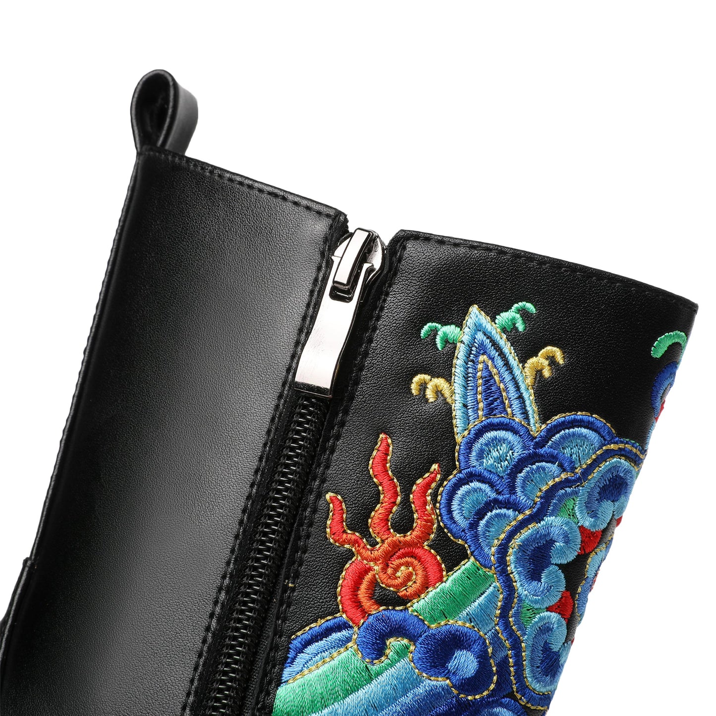 Handmade Women's Genuine Leather Ethnic Embroidered Pointed Toe Low Chunky Heel Side Zipper Mid-Calf Boots