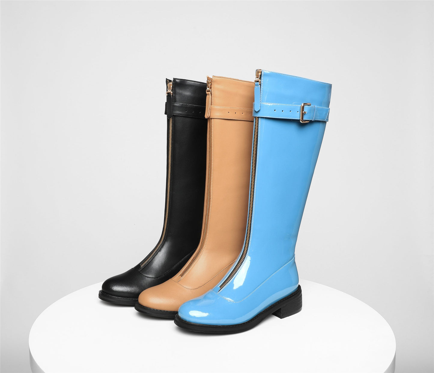 Women's Genuine Leather Handmade Round Toe Front Zipper Comfort Low Heel Knee High Boots with Buckle