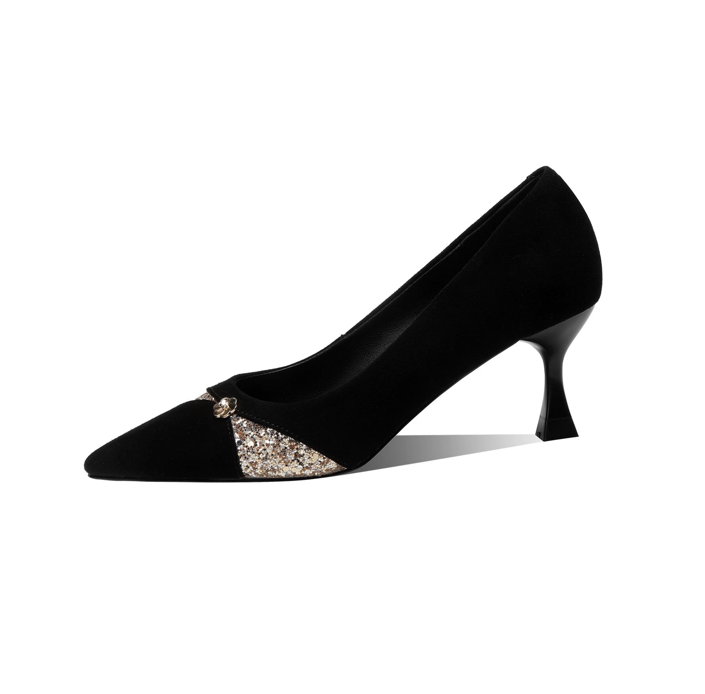 Handmade Women's Suede Leather Glitter Slip On Pointed Toe Mid Kitten Heel Pumps Shoes