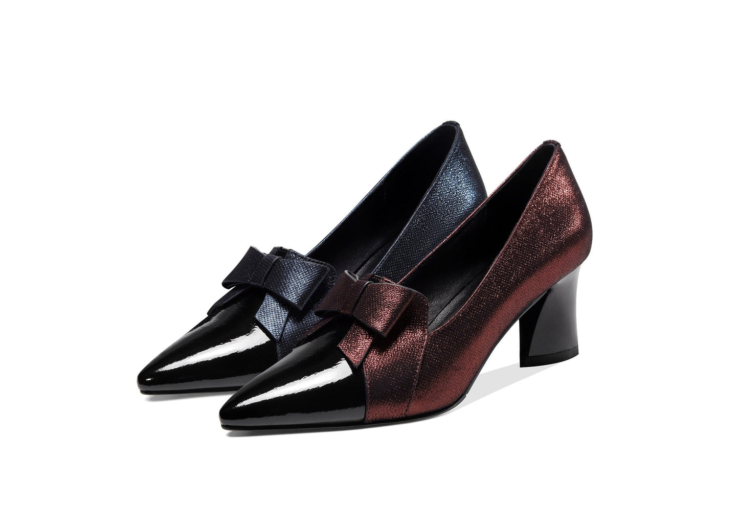 Women's Handmade Leather Glossy Pointed Toe Mid Heel Slip On Loafer Pumps with Cute Bowtie