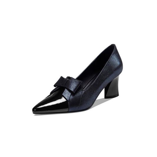 Women's Handmade Leather Glossy Pointed Toe Mid Heel Slip On Loafer Pumps with Cute Bowtie