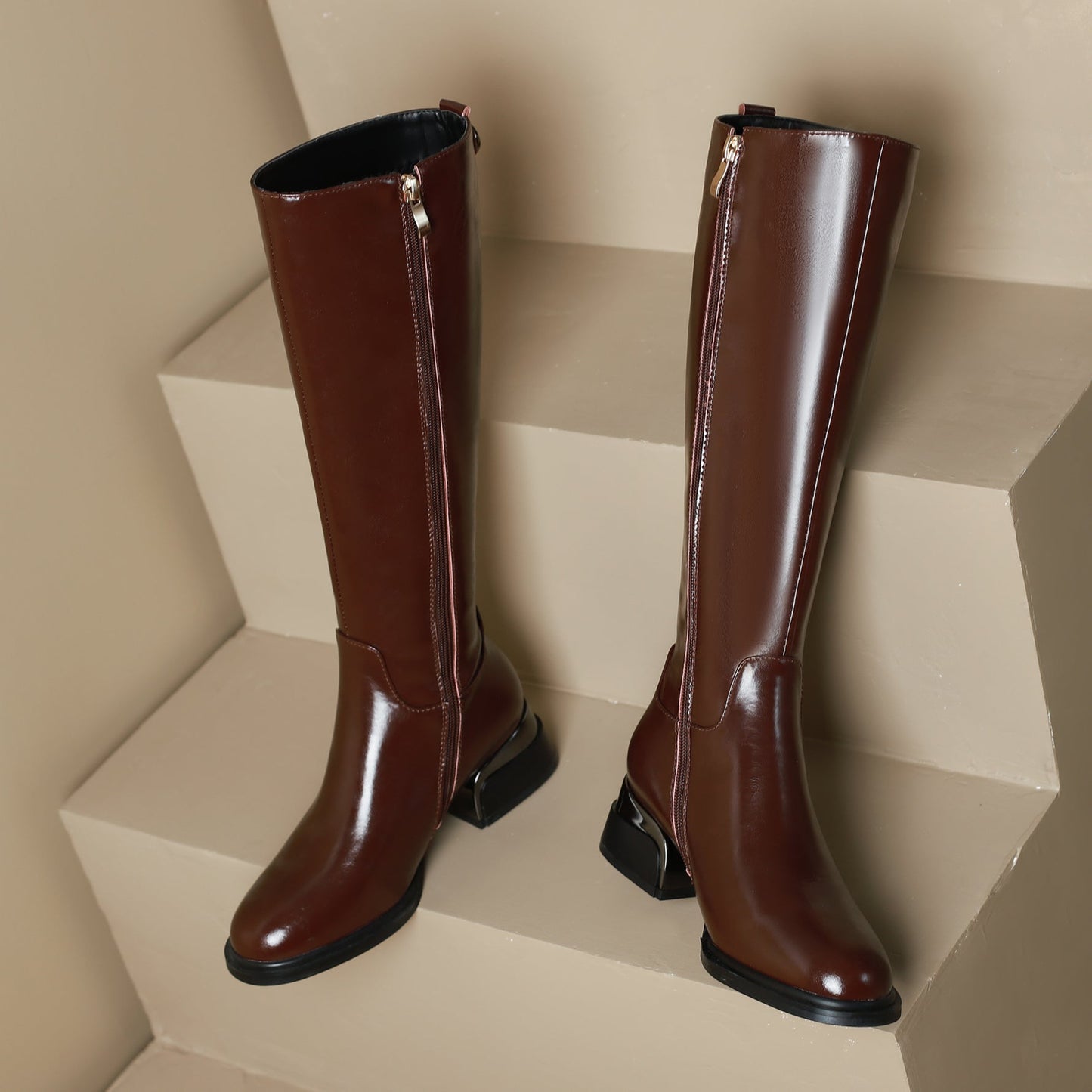 Women's Genuine Leather Handmade Side Zip Up Round Toe Mid Chunky Heel Knee High Riding Boots