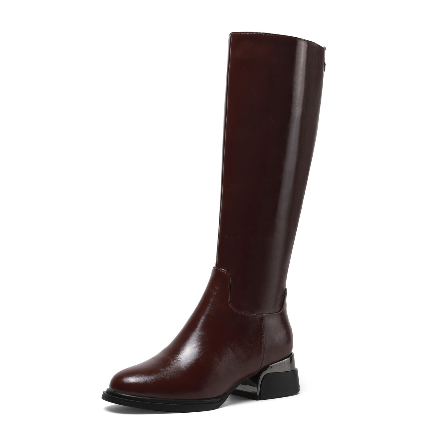 Women's Genuine Leather Handmade Side Zip Up Round Toe Mid Chunky Heel Knee High Riding Boots