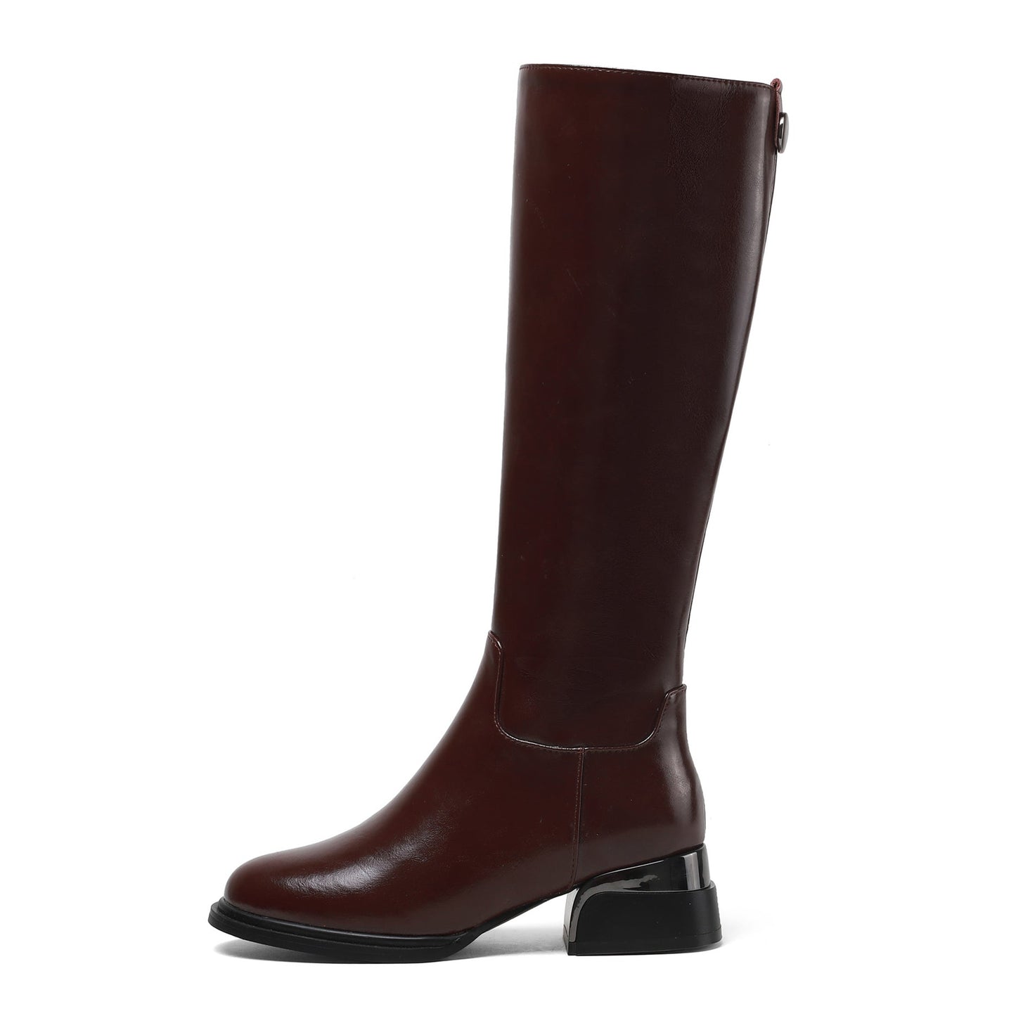 Women's Genuine Leather Handmade Side Zip Up Round Toe Mid Chunky Heel Knee High Riding Boots