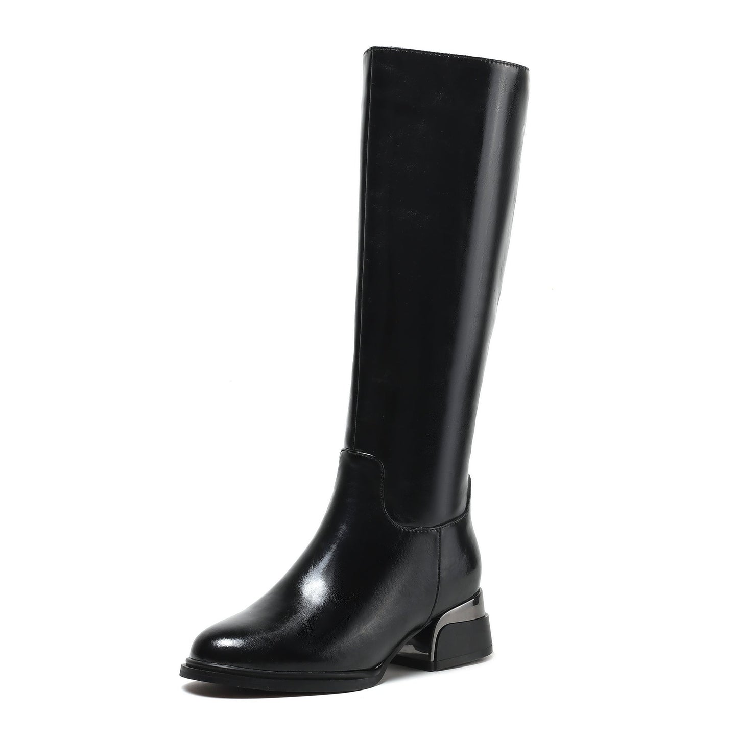 Women's Genuine Leather Handmade Side Zip Up Round Toe Mid Chunky Heel Knee High Riding Boots