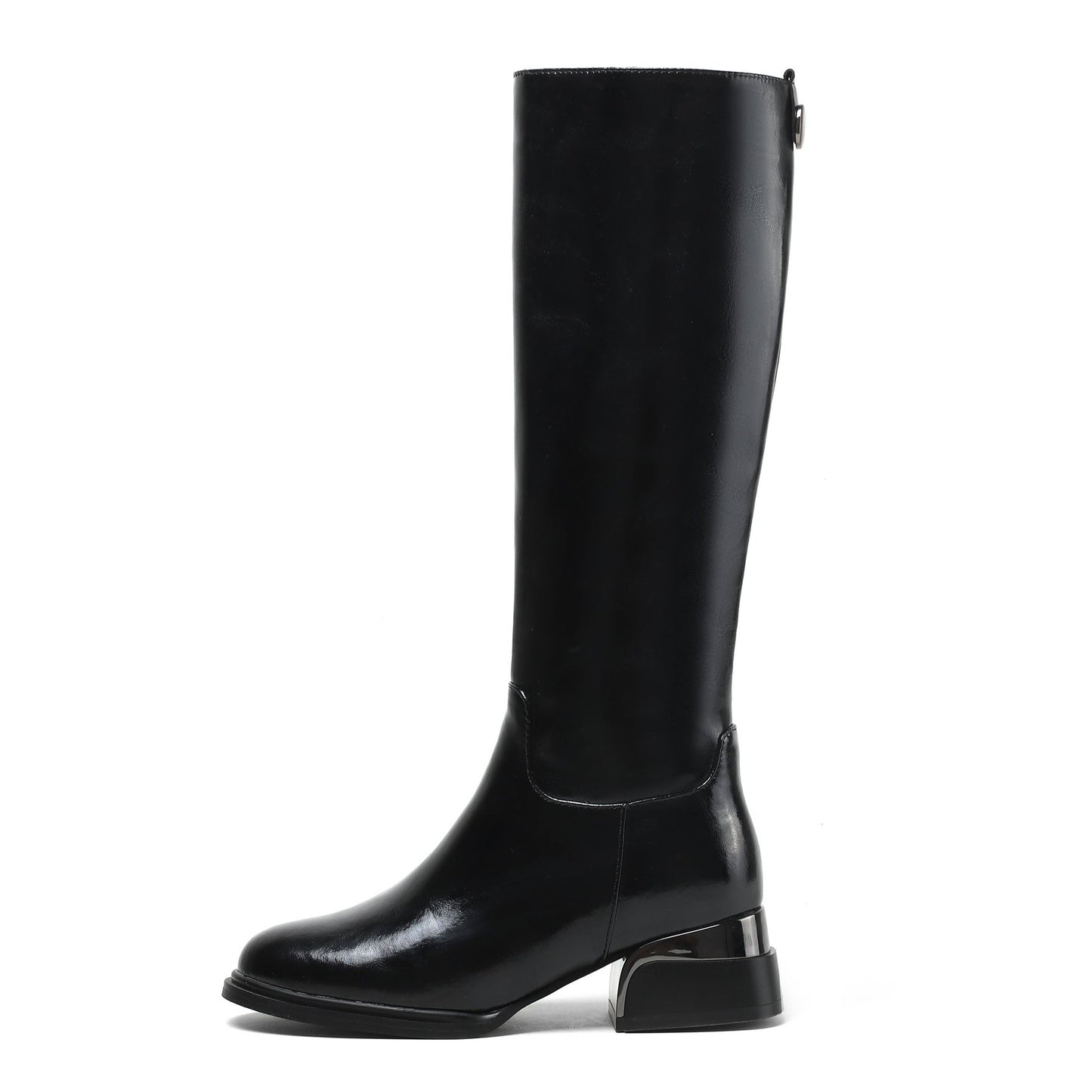 Women's Genuine Leather Handmade Side Zip Up Round Toe Mid Chunky Heel Knee High Riding Boots