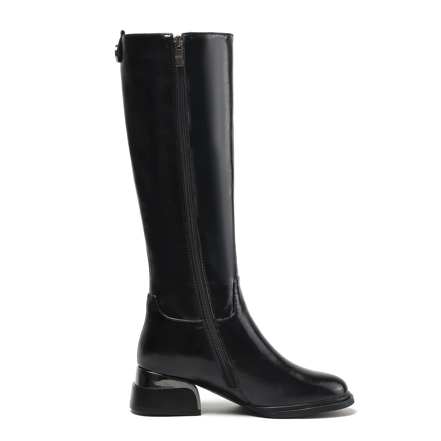 Women's Genuine Leather Handmade Side Zip Up Round Toe Mid Chunky Heel Knee High Riding Boots