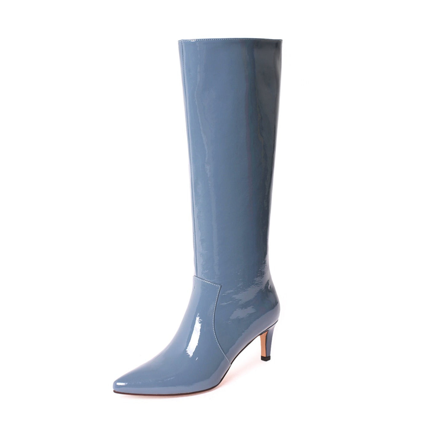 Women's Glossy Patent Leather Handmade Stiletto Mid Heel Pointed Toe Side Zipper Knee High Boots