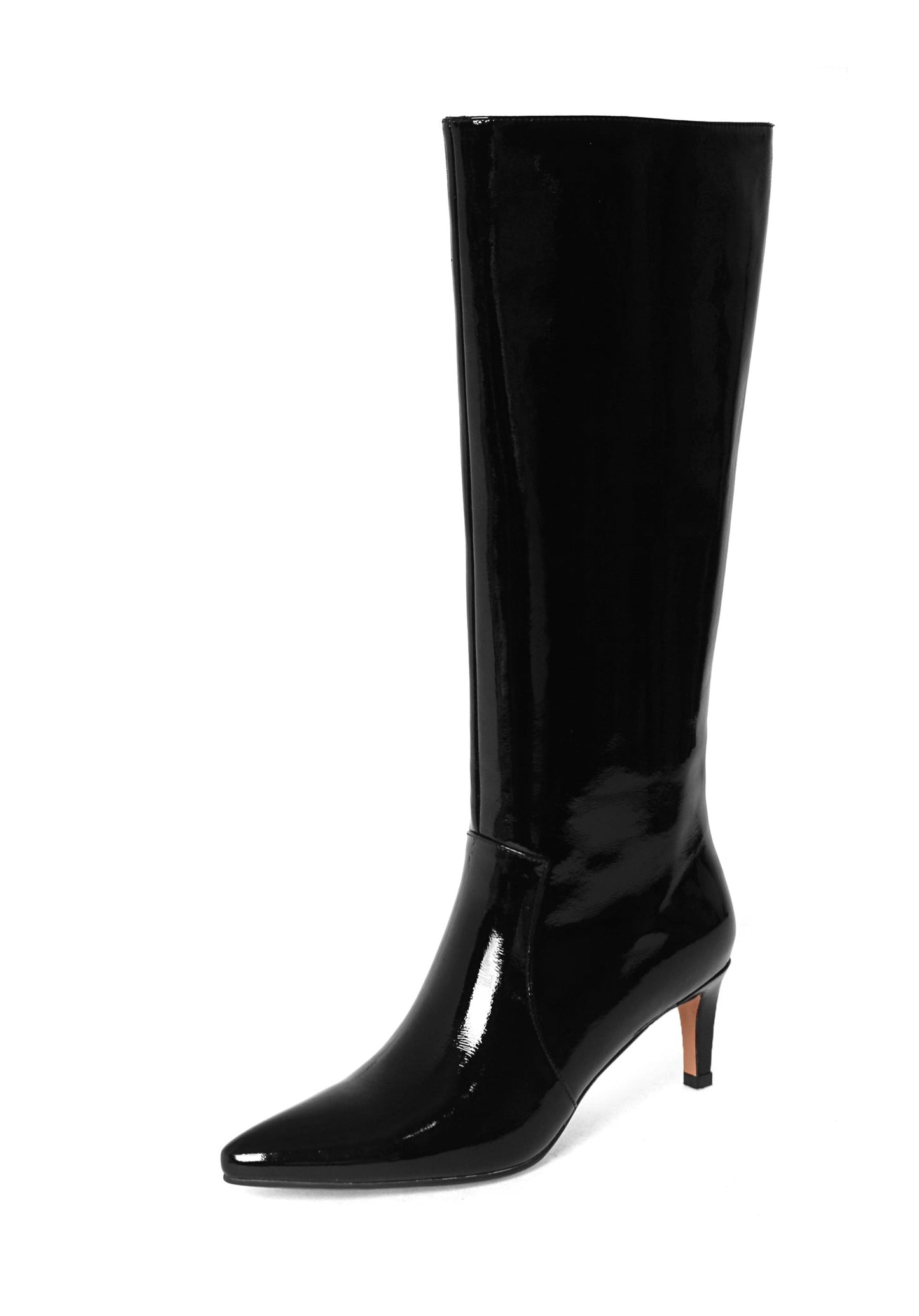 Women's Glossy Patent Leather Handmade Stiletto Mid Heel Pointed Toe Side Zipper Knee High Boots