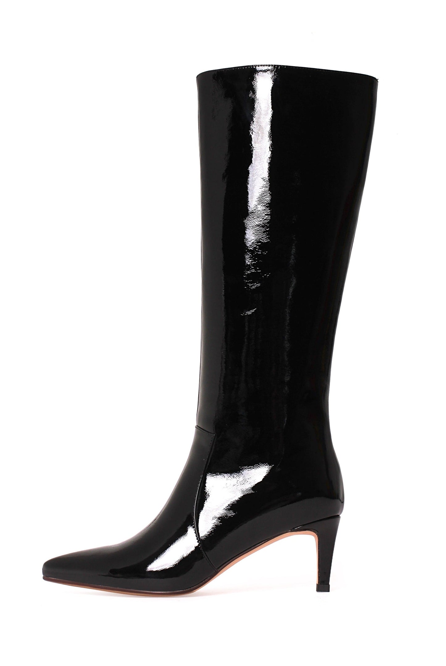 Women's Glossy Patent Leather Handmade Stiletto Mid Heel Pointed Toe Side Zipper Knee High Boots