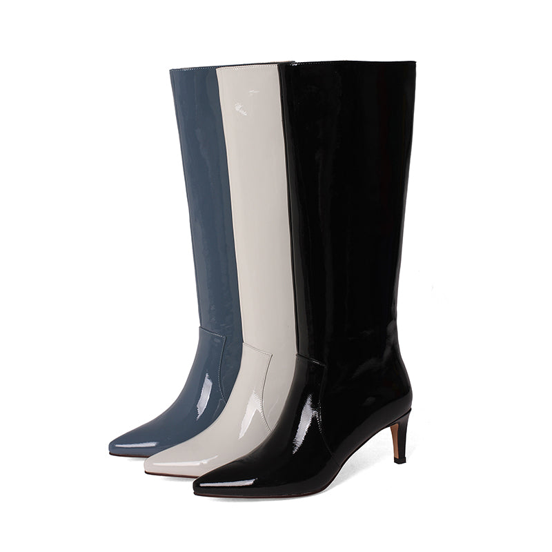 Women's Glossy Patent Leather Handmade Stiletto Mid Heel Pointed Toe Side Zipper Knee High Boots