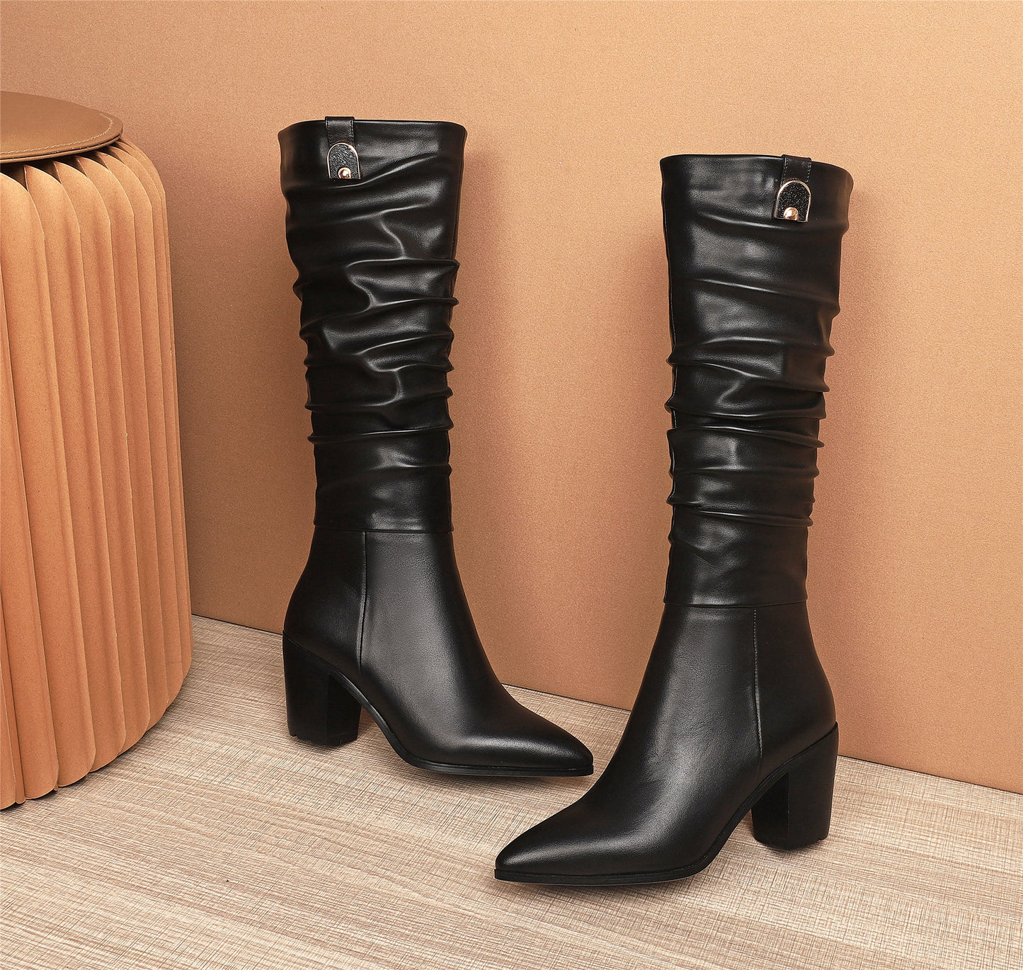 Women's Genuine Leather Pointed Toe Handmade Chunky Heel Zip Up Stylish Crumpled Knee High Boots