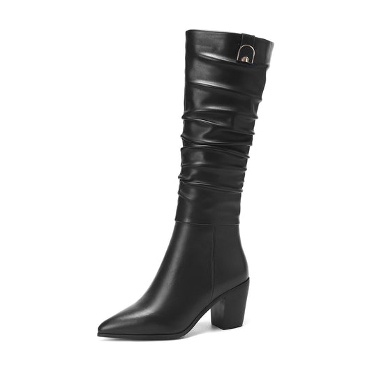 Women's Genuine Leather Pointed Toe Handmade Chunky Heel Zip Up Stylish Crumpled Knee High Boots