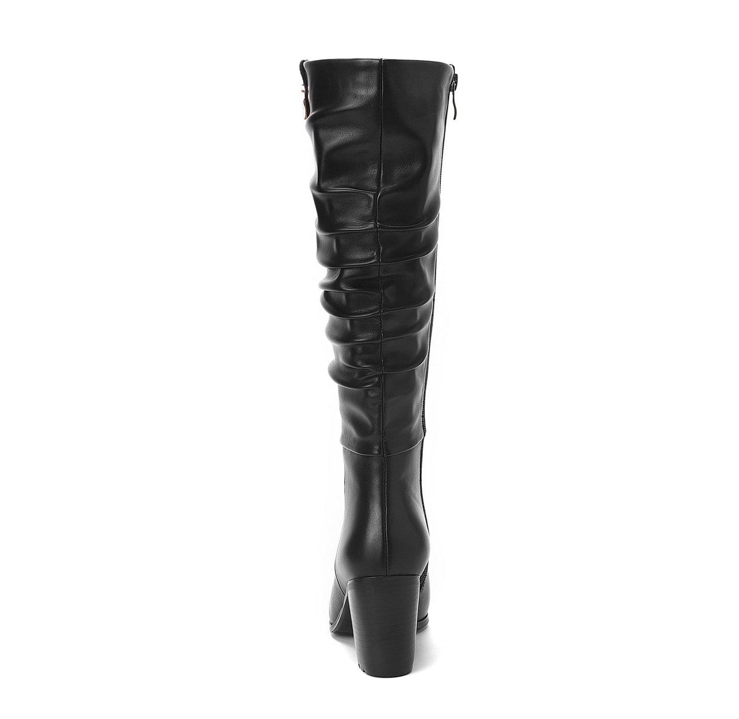 Women's Genuine Leather Pointed Toe Handmade Chunky Heel Zip Up Stylish Crumpled Knee High Boots