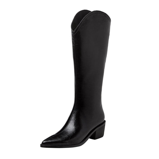 Women's Handmade Genuine Leather Pointed Toe Comfort Mid Block Heel Side Half Zip Up Cowboy Knee High Boots