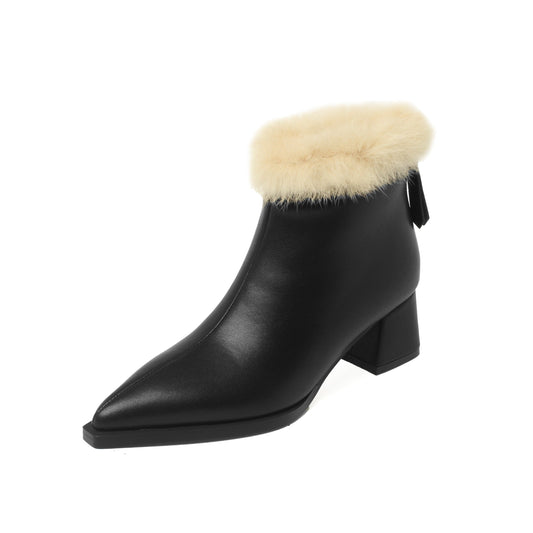 Handmade Women's Genuine Leather Furry Side Zip Pointed Toe Low Chunky Heel Charming Boots