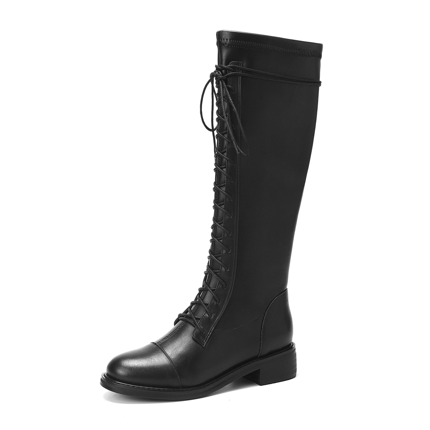 Women's Round Toe Genuine Leather Handmade Selftie Low Chunky Heel Cool Knee High Boots