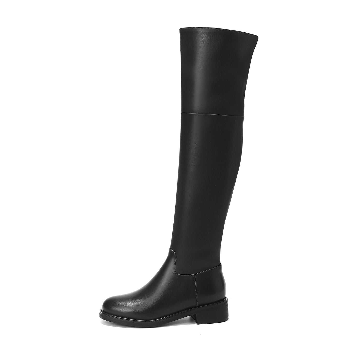 Women's Genuine Leather Round Toe Handmade Half Side Zipper Low Chunky Heel Over Knee Boots