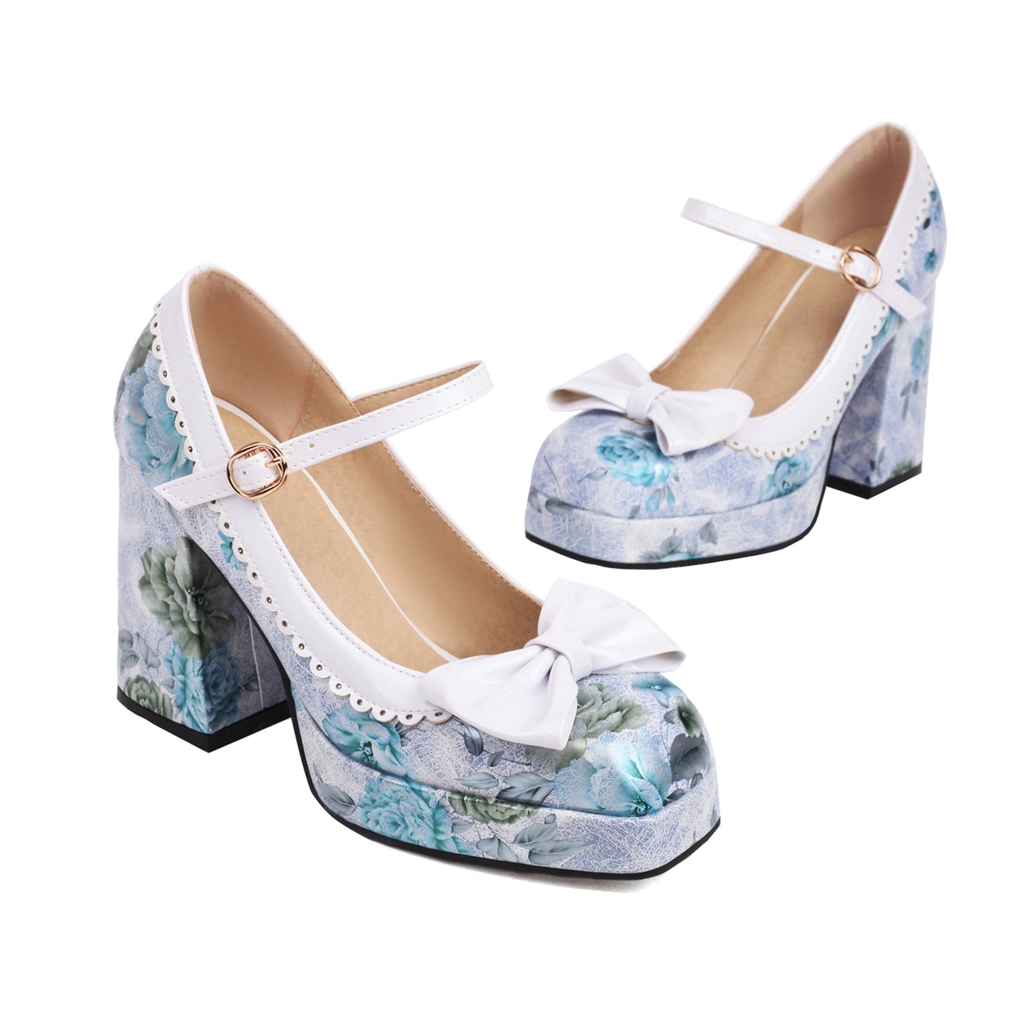 Women's Handmade Square Toe Floral Platform Bowknot Buckle Block Heel Wedding Party Pumps Shoes