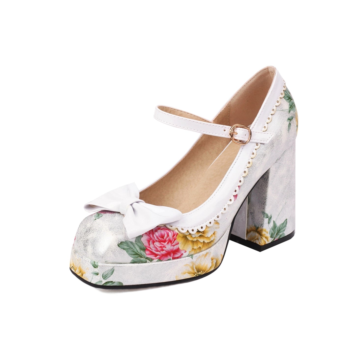 Women's Handmade Square Toe Floral Platform Bowknot Buckle Block Heel Wedding Party Pumps Shoes