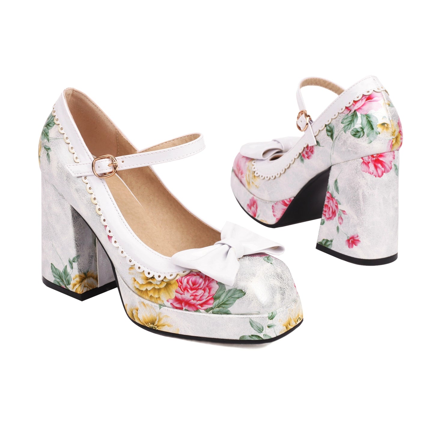 Women's Handmade Square Toe Floral Platform Bowknot Buckle Block Heel Wedding Party Pumps Shoes