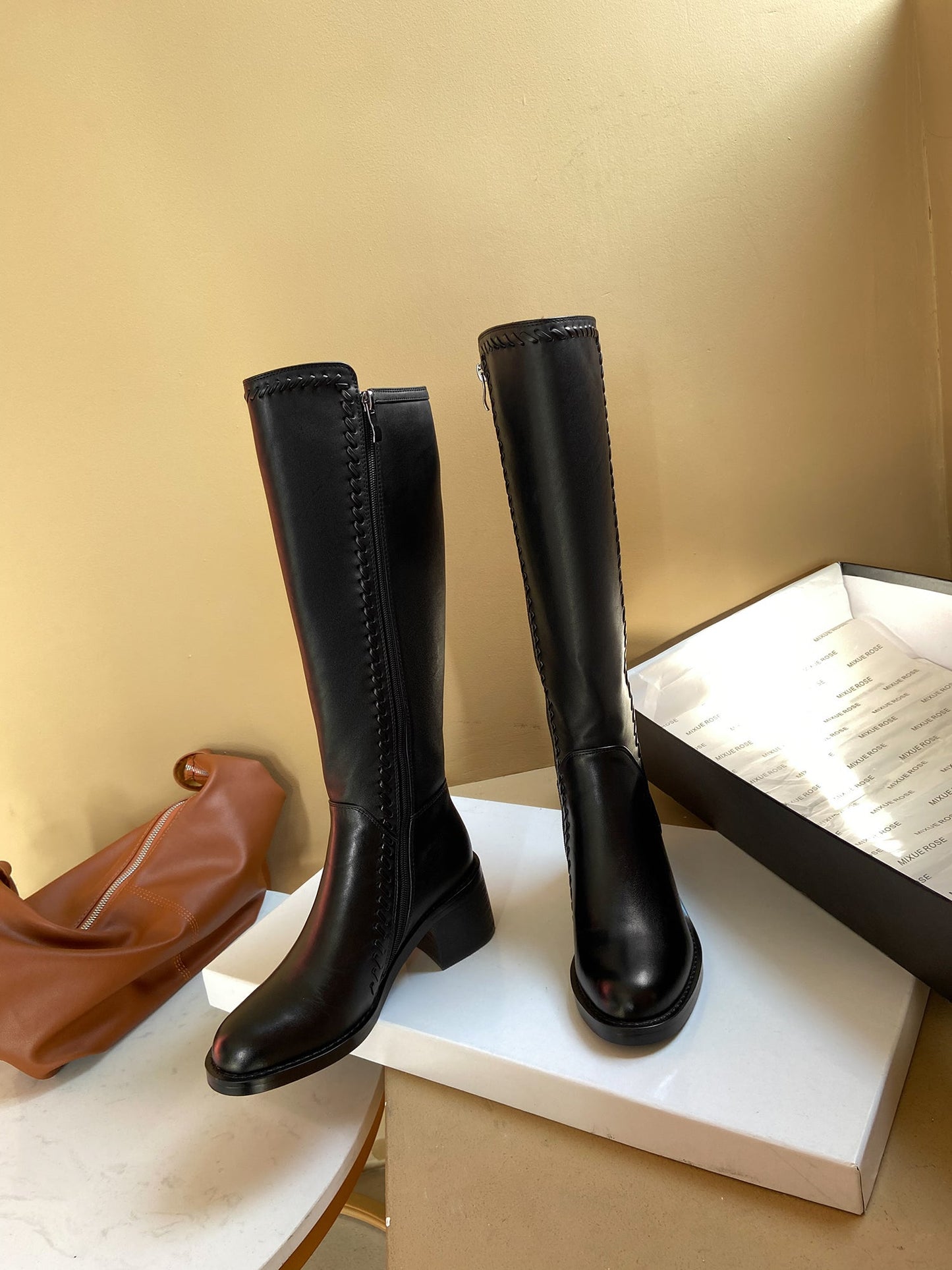 Women's Handmade Genuine Leather Round Toe Mid Block Heel Side Zip Up Black Knee High Boots