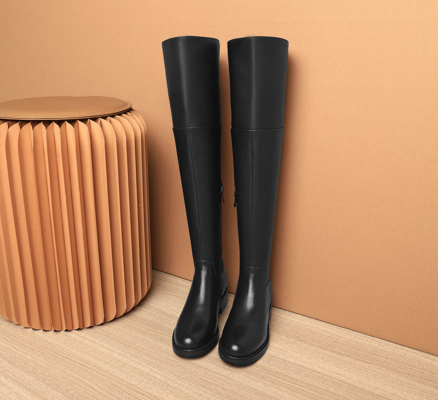 Women's Genuine Leather Round Toe Handmade Half Side Zipper Low Chunky Heel Over Knee Boots