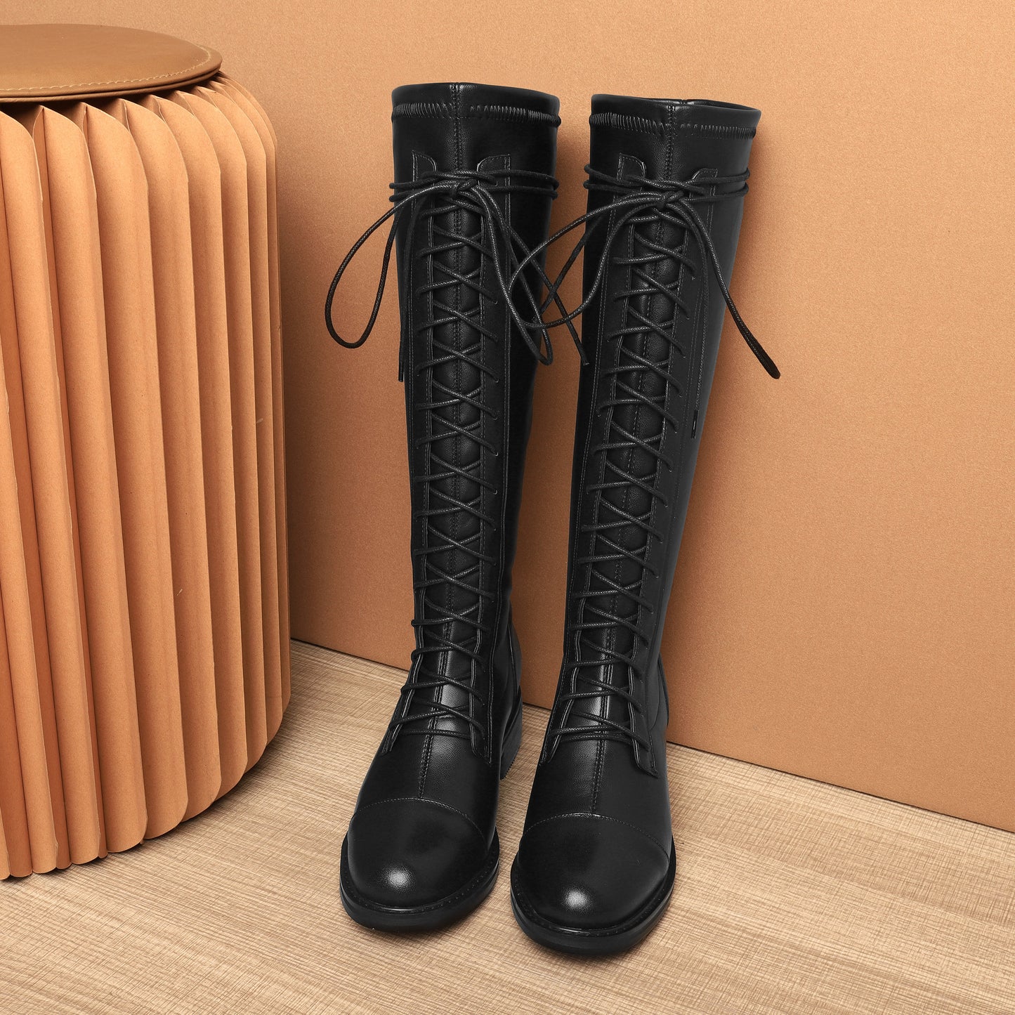 Women's Round Toe Genuine Leather Handmade Selftie Low Chunky Heel Cool Knee High Boots